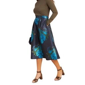 Anthropologie Floral Brocade Midi Skirt Womens Navy Blue Turquoise A-Line Party